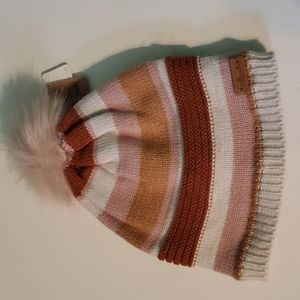 New Milly neck headwear kid's pink and tan striped knit pom-pom hat